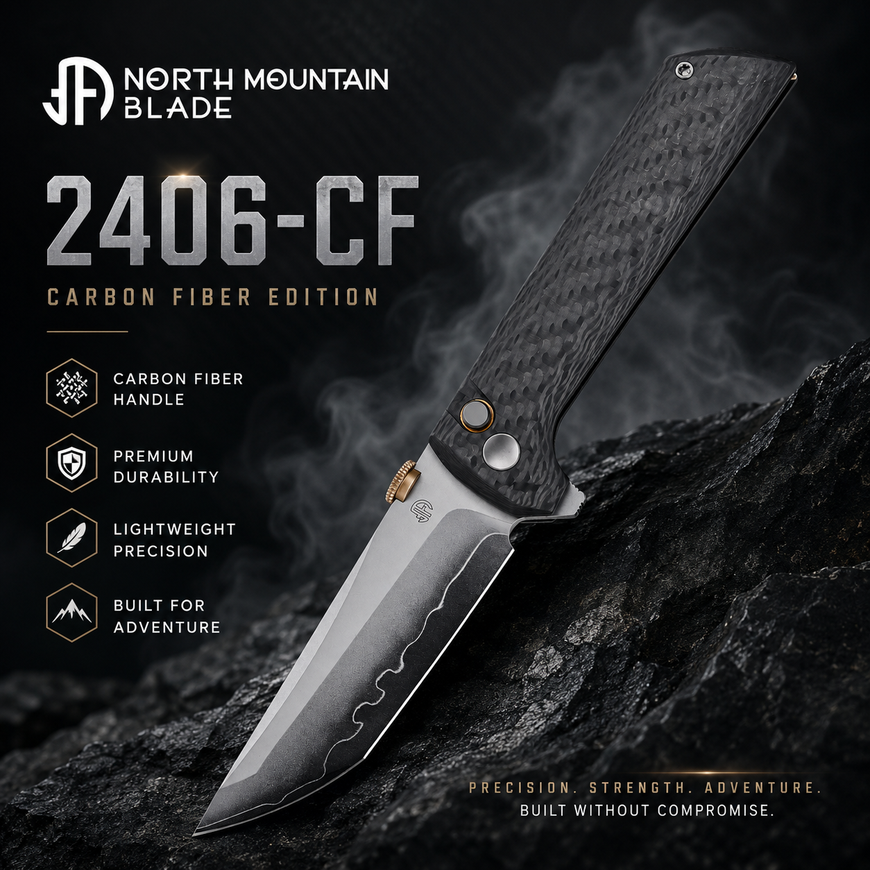 North Mountain Blade Chop 2 2406CF front view – 3.5" SLD-Magic tanto carbon fiber folding knife