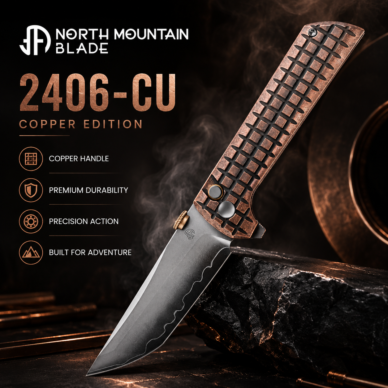 North Mountain Blade Chop 2 2406CU front view – 3.5" SLD-Magic tanto copper grid folding knife