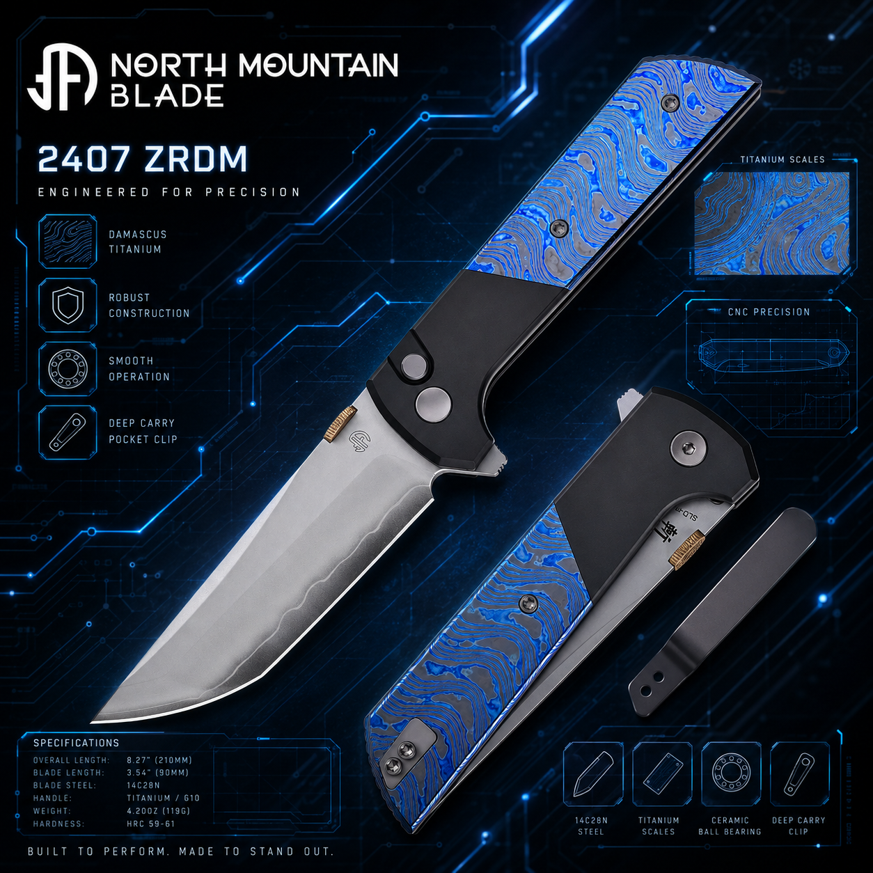 North Mountain Blade 2407-ZRDM titanium damascus layered pattern detail – each knife unique