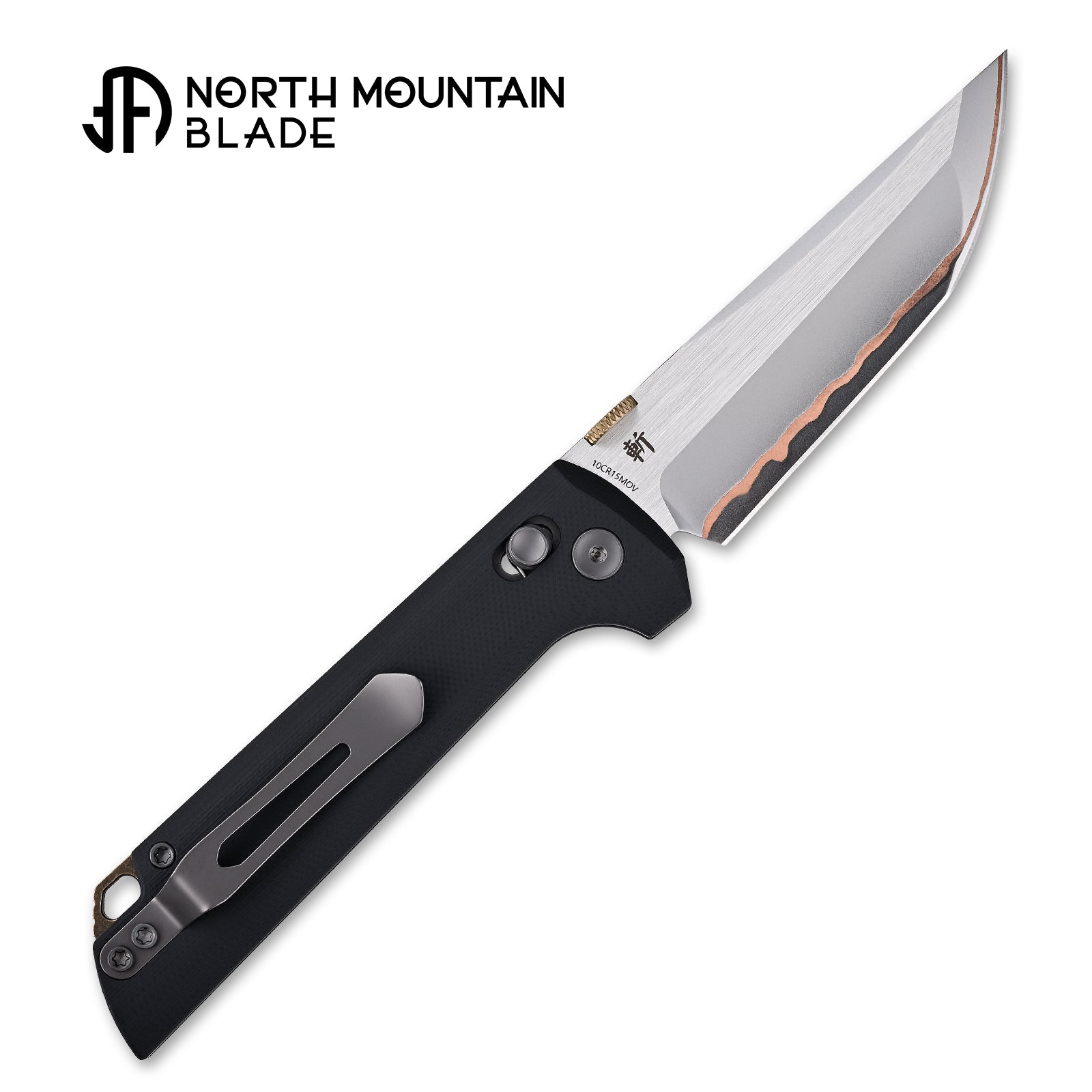 North Mountain Blade 2418-BK-5 Chop open position showing copper-clad steel tanto blade