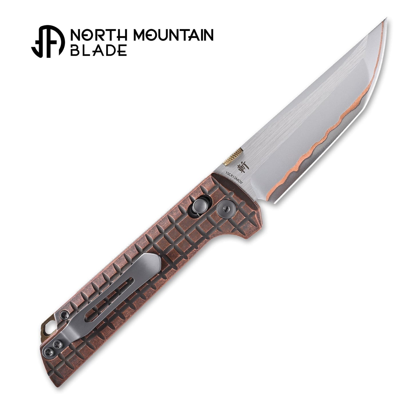 North Mountain Blade 2418-CU-G-5 Chop open position showing copper-clad steel tanto blade