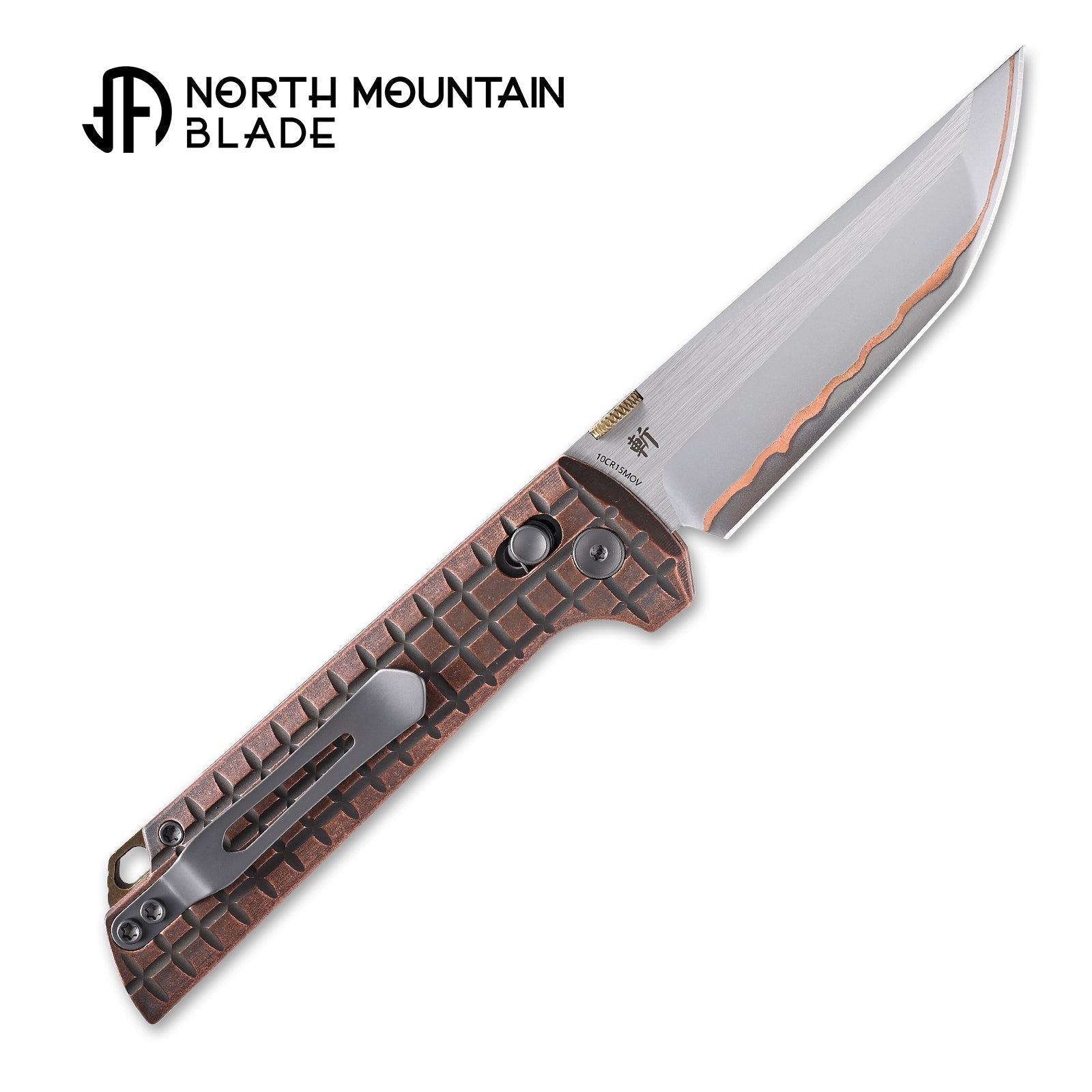North Mountain Blade 2418-CU-G-5 Chop open position showing copper-clad steel tanto blade