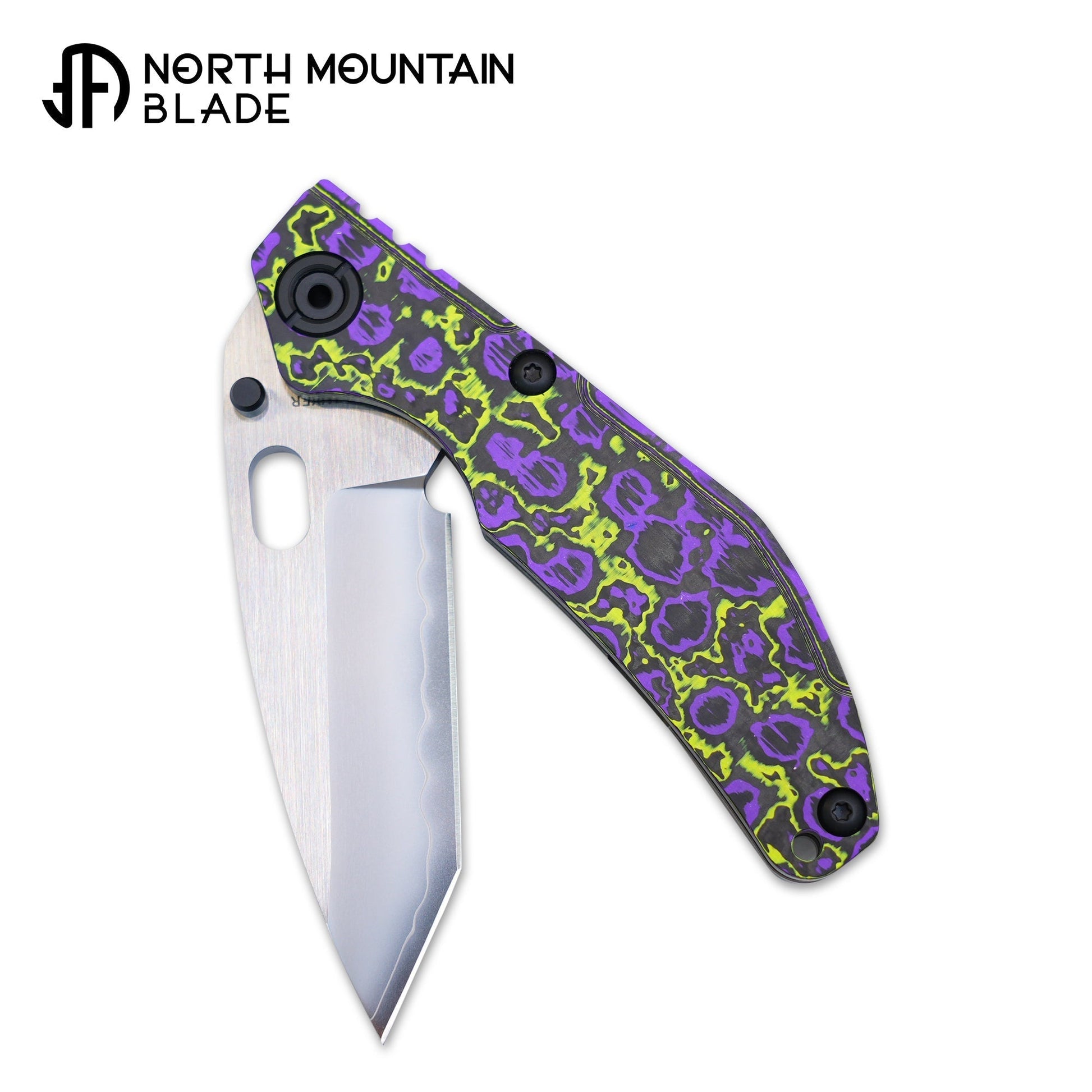 North Mountain Blade BBNM 2522-PRGR purple and yellow ceramic carbon fiber titanium handle scales