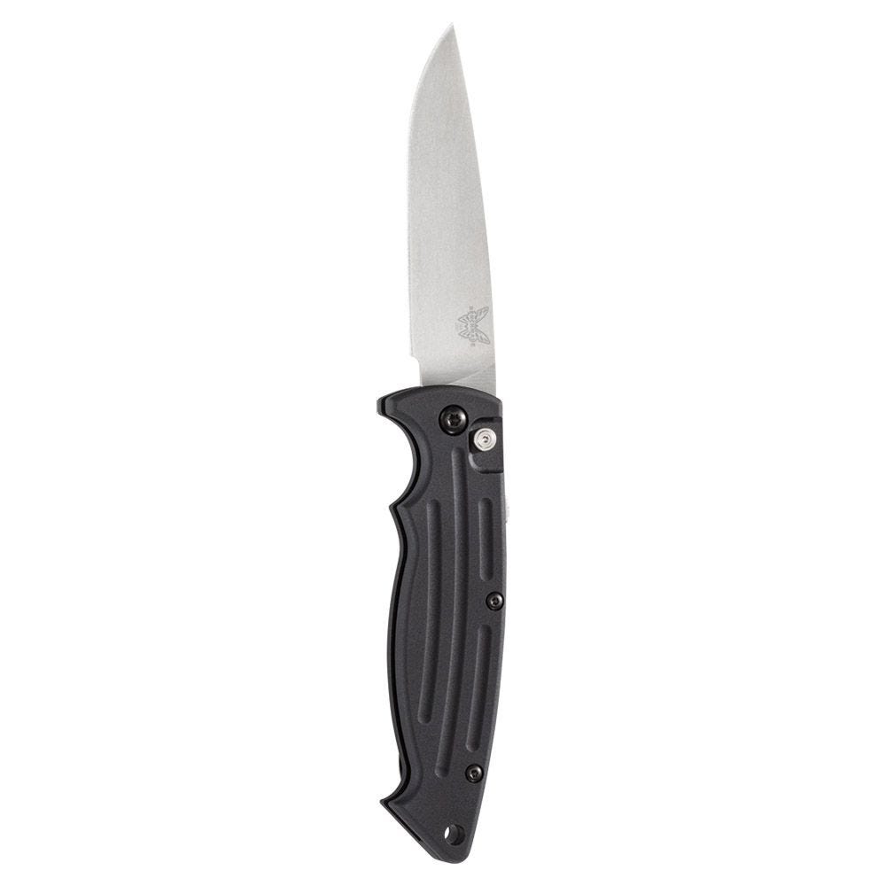 Benchmade 2551 Mini Reflex II front view – 3.17" satin 154CM drop point push-button automatic knife, black aluminum handle