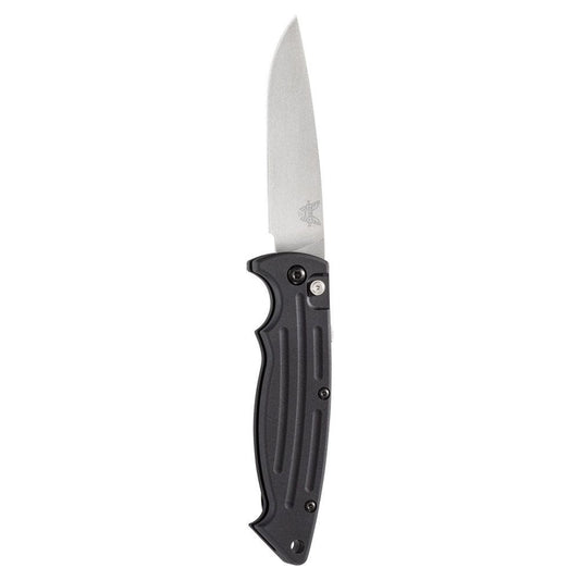 Benchmade 2551 Mini Reflex II front view – 3.17" satin 154CM drop point push-button automatic knife, black aluminum handle