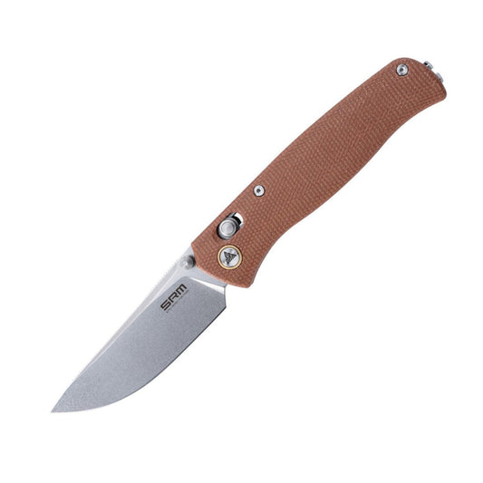 SRM Medal 255L-MN open position showing 3.2″ stonewashed 10Cr15CoMoV drop point blade and brown Micarta handle