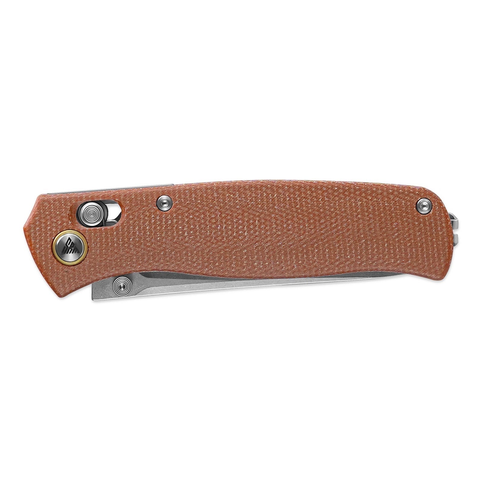 SRM Medal 255L-MN closed view – brown Micarta handle, 4.33″ closed length