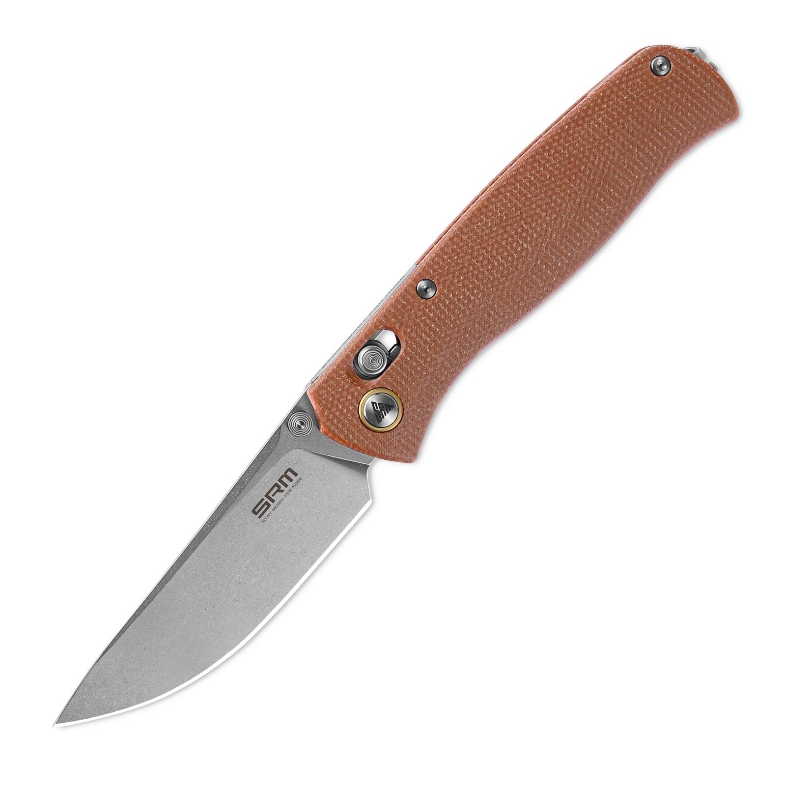 SRM Medal 255L-MN front view – 3.2″ stonewashed 10Cr15CoMoV drop point folding knife with brown Micarta handle