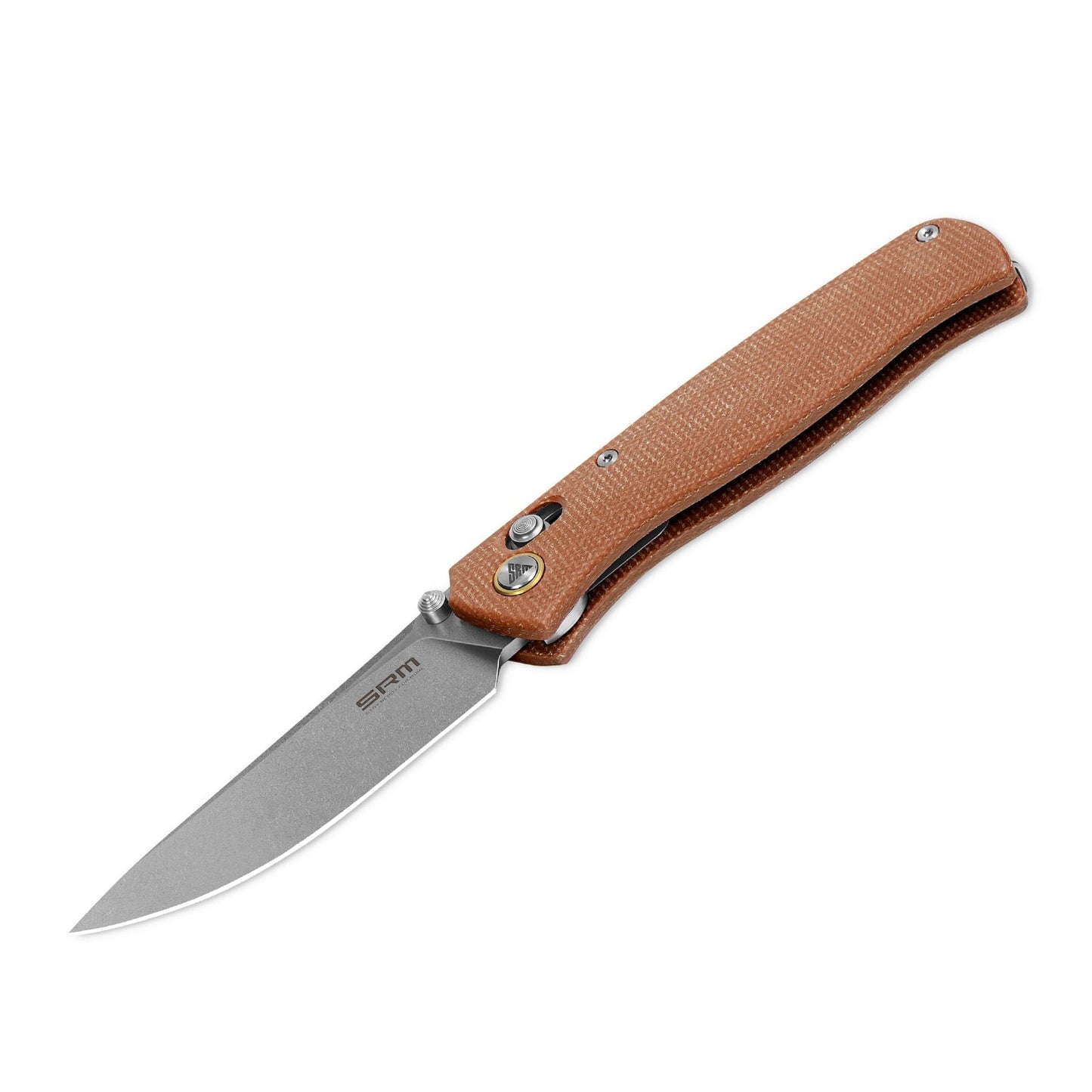 SRM Medal 255L-MN open position showing stonewashed 10Cr15CoMoV drop point blade
