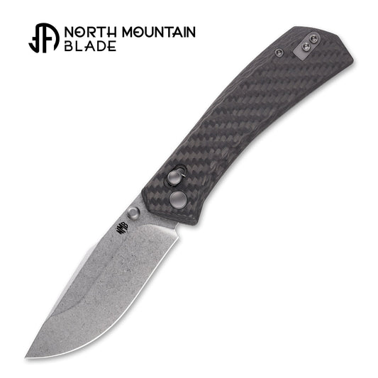 North Mountain Blade Coyote Yamainu 2603-CF front view – 3.35" stonewashed 10Cr15MoV drop point folding knife