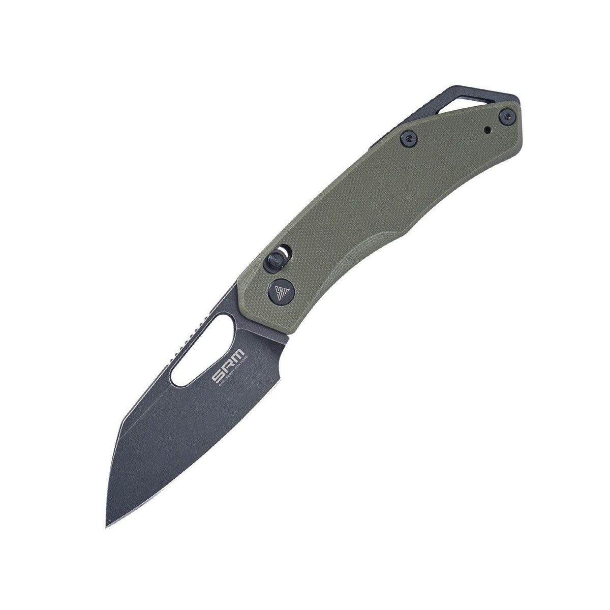 SRM Cub 261M-GP front view – 2.87″ black PVD 154CM wharncliffe folding knife with OD green G10 handle