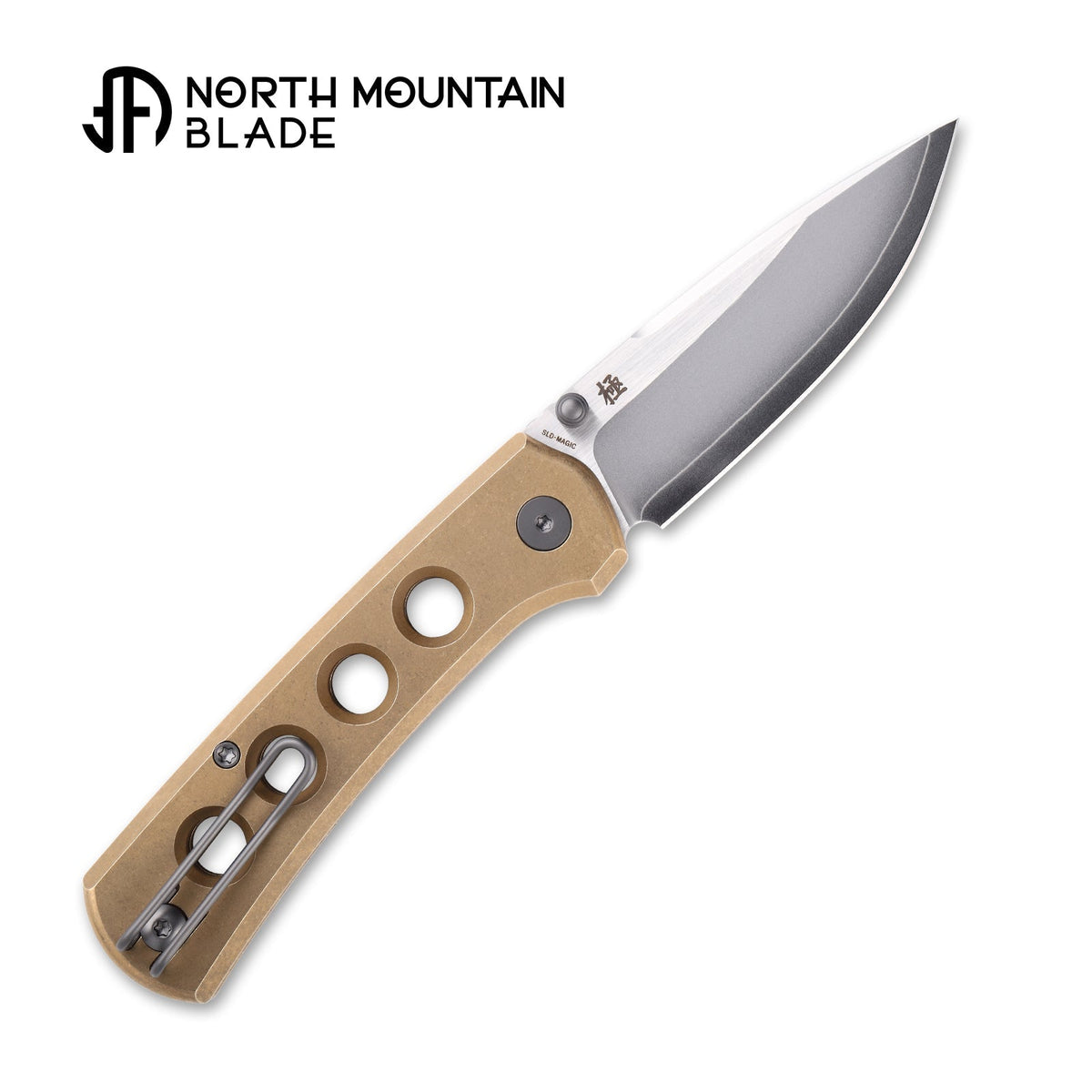North Mountain Blade Ultra Mini 2628-BR-H open position showing SLD-Magic drop point blade and pocket clip