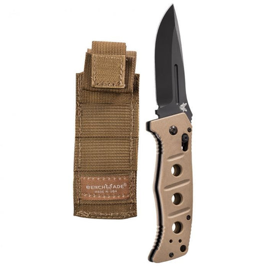 Benchmade Adamas 2750BKSN front view, 3.82″ D2 drop point automatic folding knife, sand G10