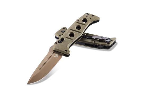 Benchmade 2750FE-2 Auto Adamas front view, 3.78″ Flat Earth CruWear drop point automatic folding knife