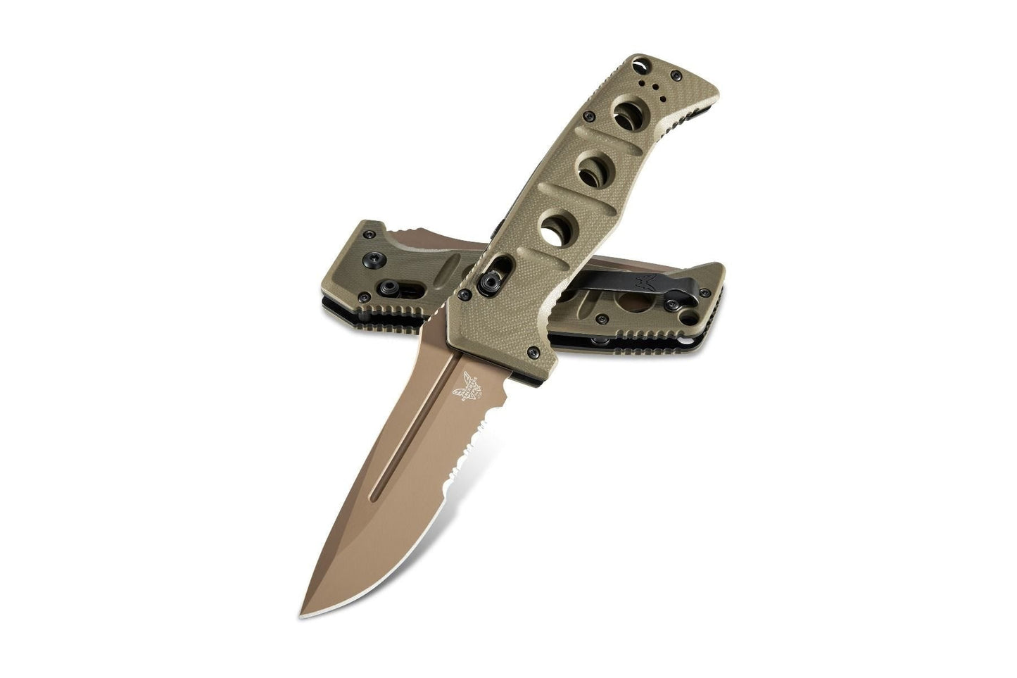 Benchmade 2750SFE-2 Auto Adamas front view, 3.78″ Flat Earth CruWear serrated drop point automatic folding knife