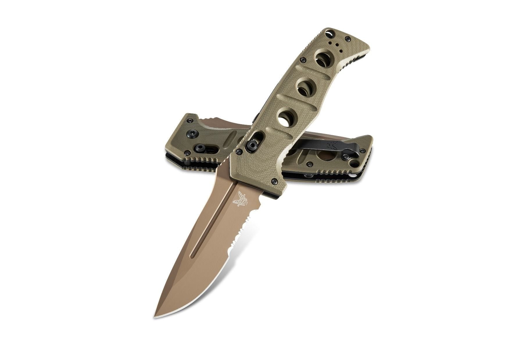 Benchmade 2750SFE-2 Auto Adamas front view, 3.78″ Flat Earth CruWear serrated drop point automatic folding knife