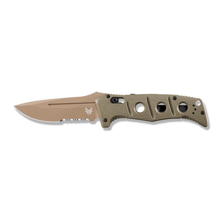 Benchmade 2750SFE-2 Auto Adamas open position showing CruWear serrated drop point blade