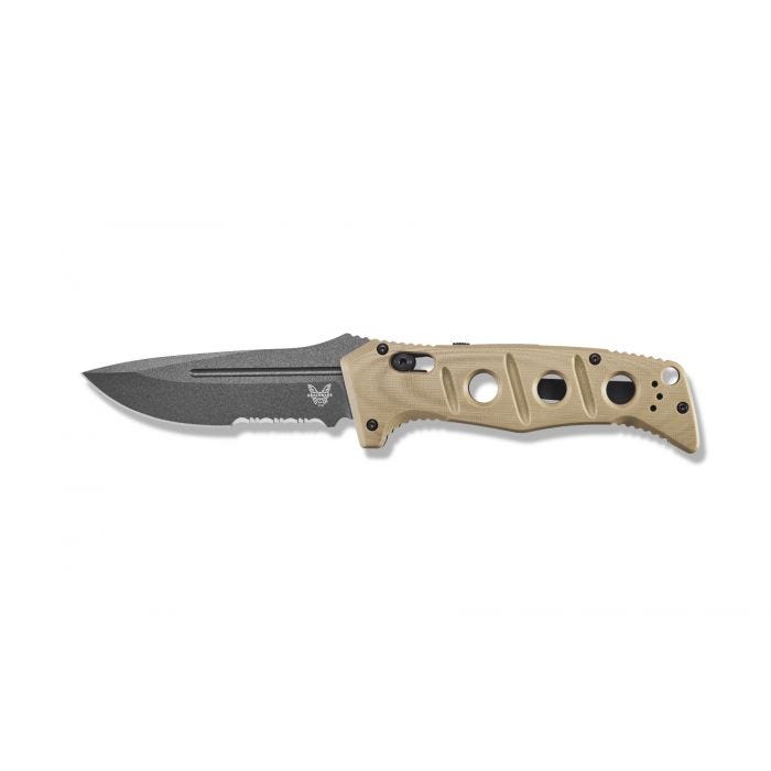 Benchmade 2750SGY-3 Auto Adamas open position showing CruWear serrated drop point blade