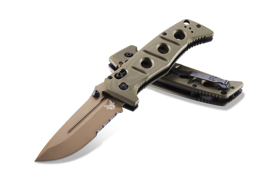 Benchmade 275SFE-2 Adamas front view, 3.78″ Flat Earth CruWear serrated drop point folding knife