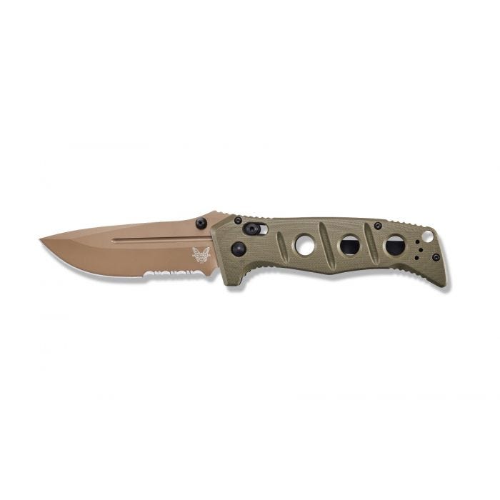 Benchmade 275SFE-2 Adamas open position showing CruWear serrated drop point blade