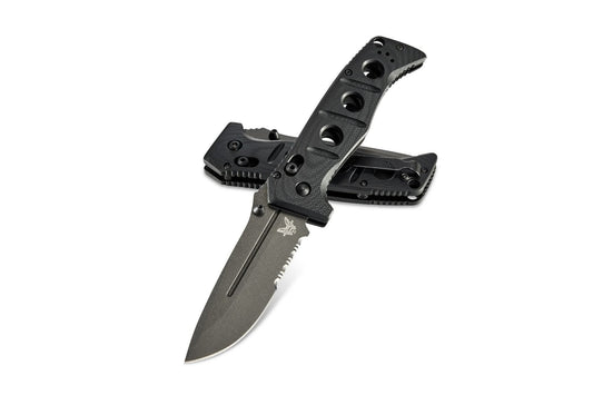 Benchmade 275SGY-1 Adamas front view, 3.78″ grey CruWear serrated drop point folding knife