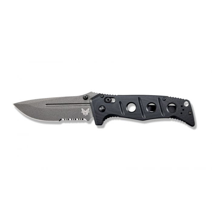 Benchmade 275SGY-1 Adamas open position showing CruWear serrated drop point blade