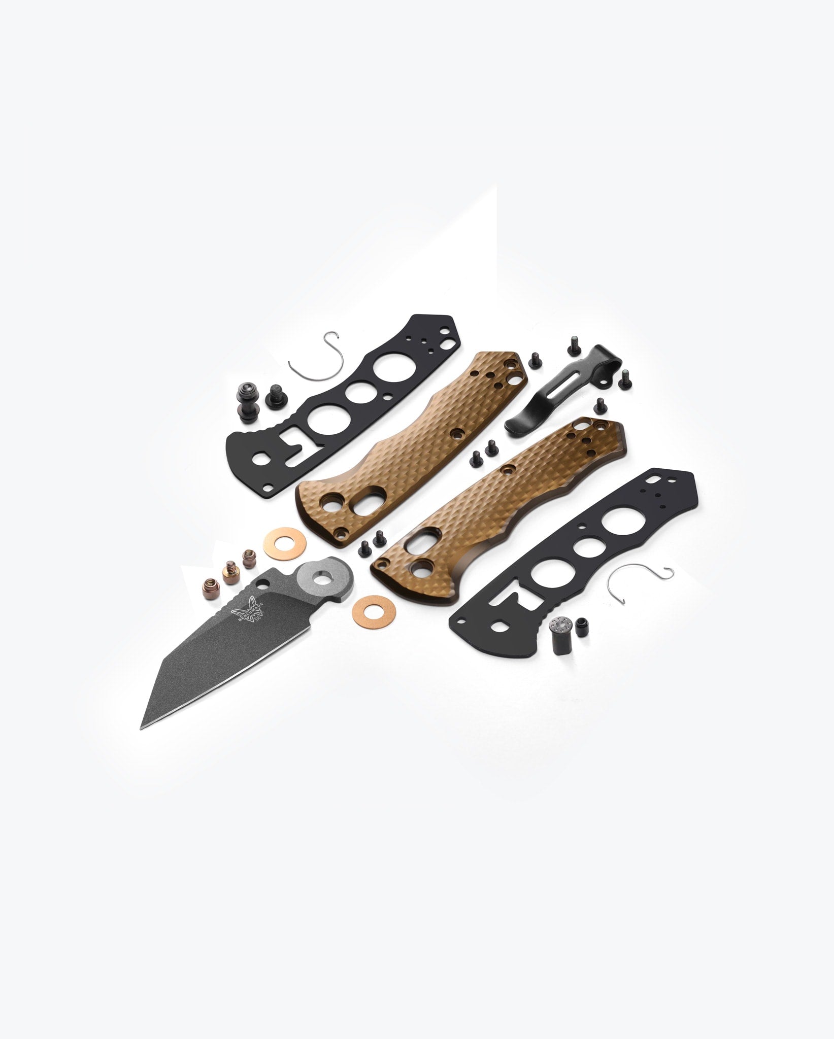Benchmade Full Immunity 290BK-1 exploded component layout showing liners, Flat Dark Earth scales, blade, clip and hardware