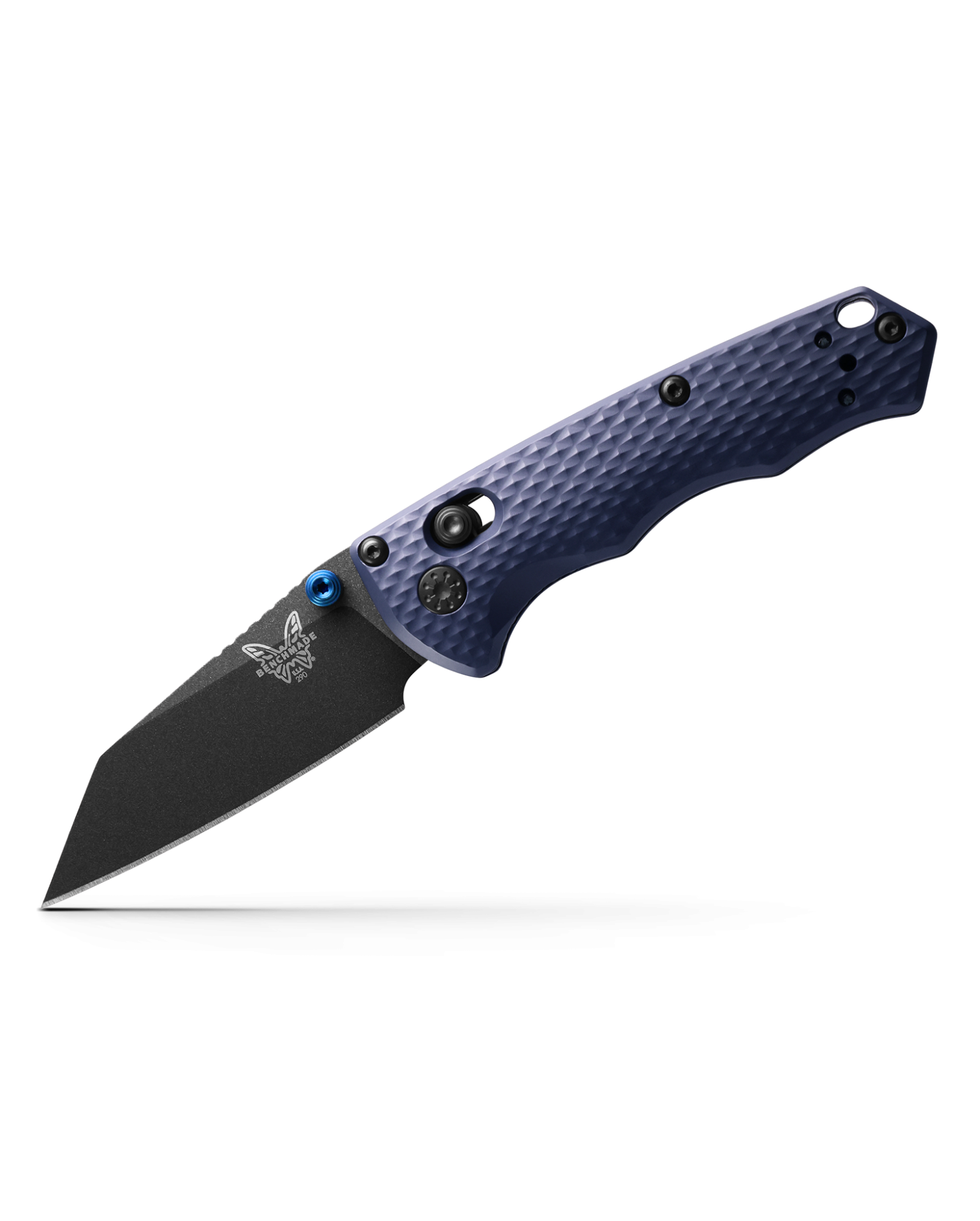 Benchmade Full Immunity 290BK front view – 2.49″ Cobalt Black CPM-M4 Wharncliffe folding knife, Crater Blue aluminum