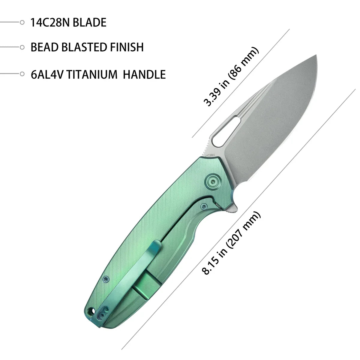 Kubey Knife Tityus 3.39" 14C28N Green Titanium KUB360B