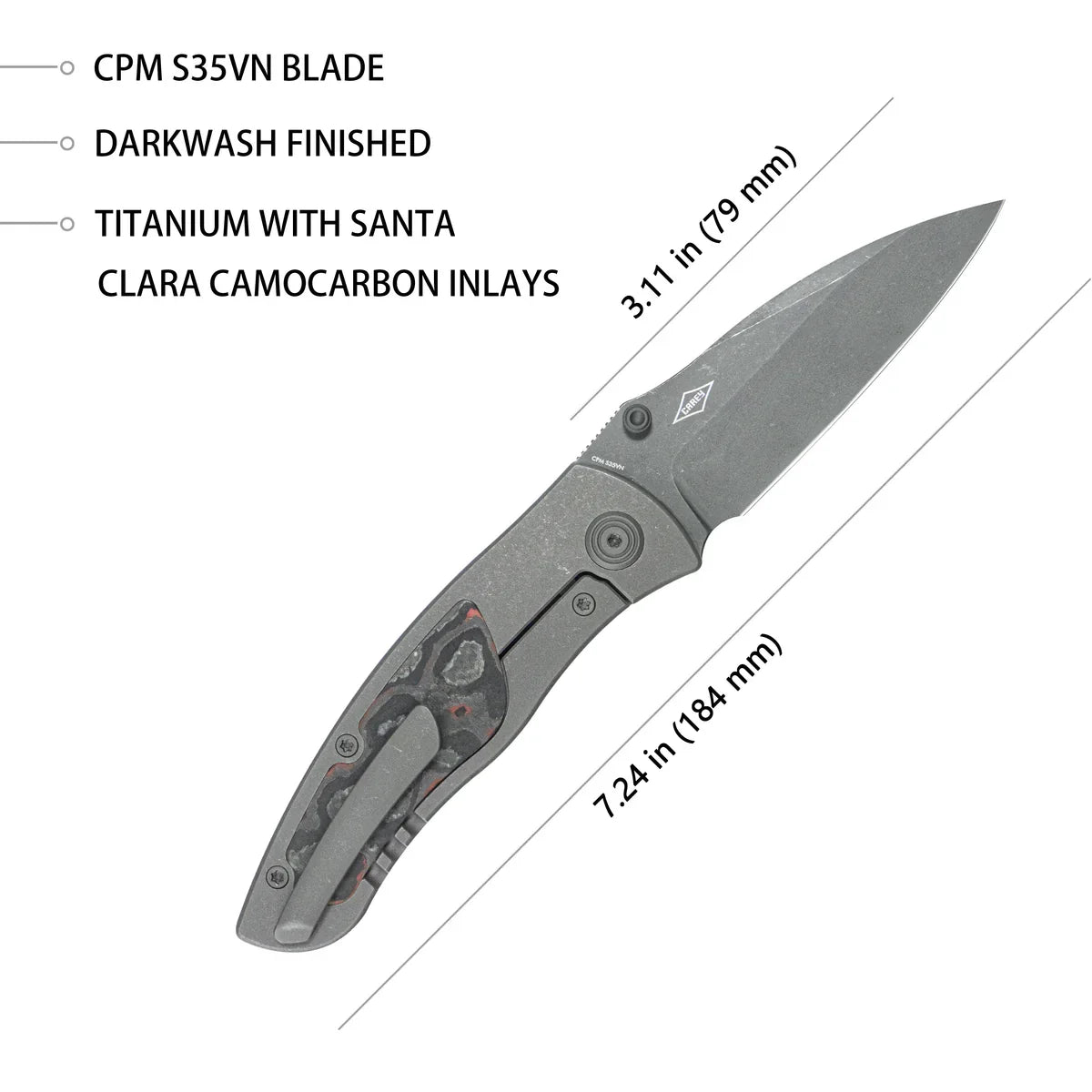 KB Vertigo Folding Knife 3.11" S35VN Wharncliffe Blade Darkwash Titanium with Santa Clara CF Inlays KB258A