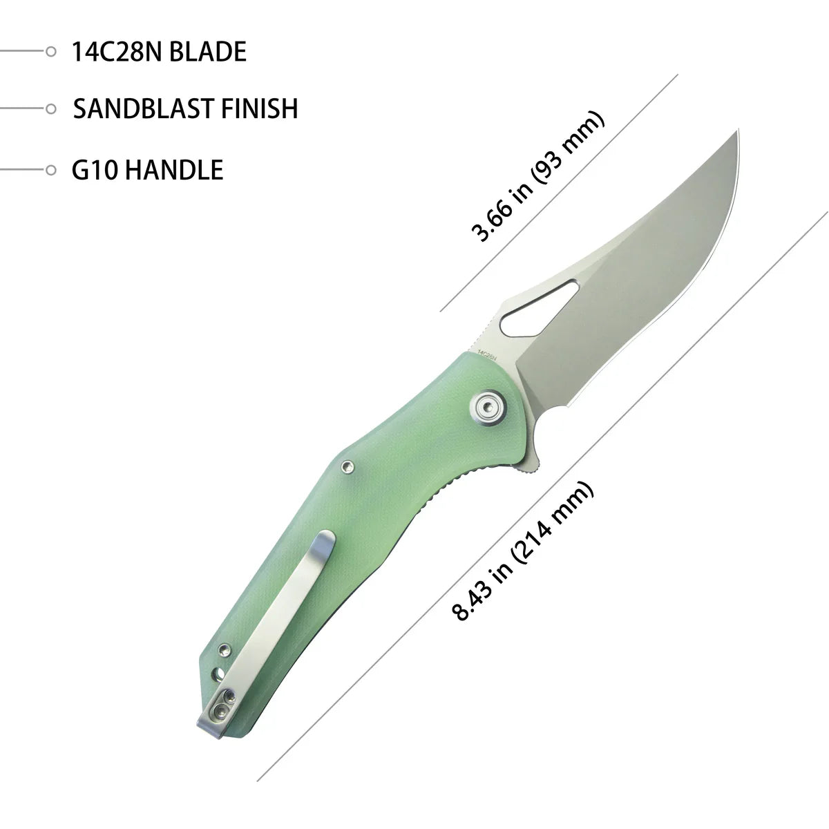 Kubey Knife Phemius 3.66" 14C28N Jade G10 KUB149D