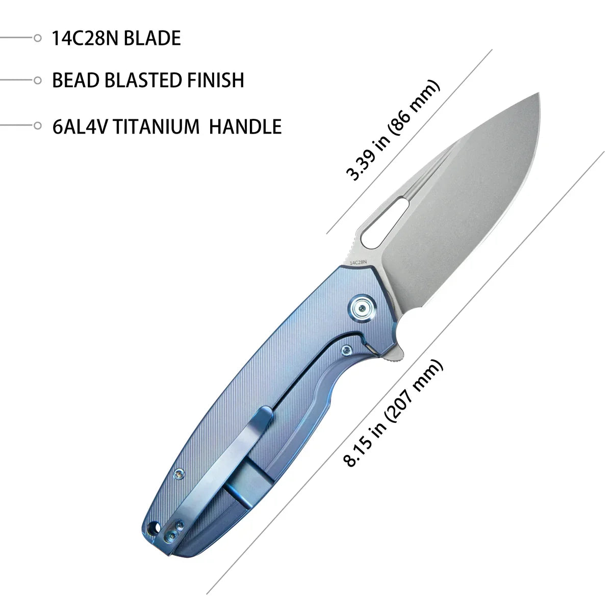 Kubey Knife Tityus 3.39" 14C28N Blue Titanium KUB360D