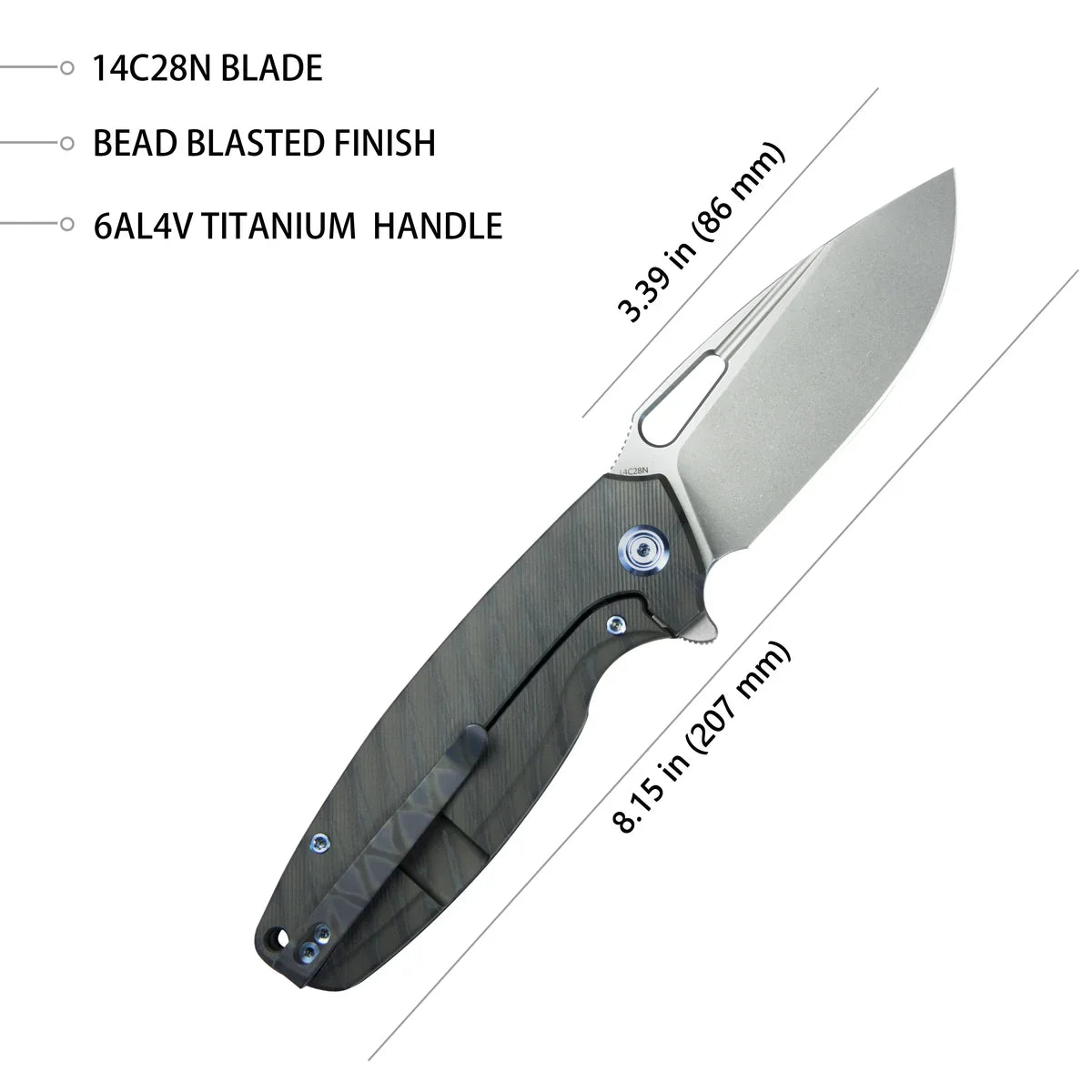 Kubey Knife Tityus 3.39" 14C28N Countoured Titanium KUB360E