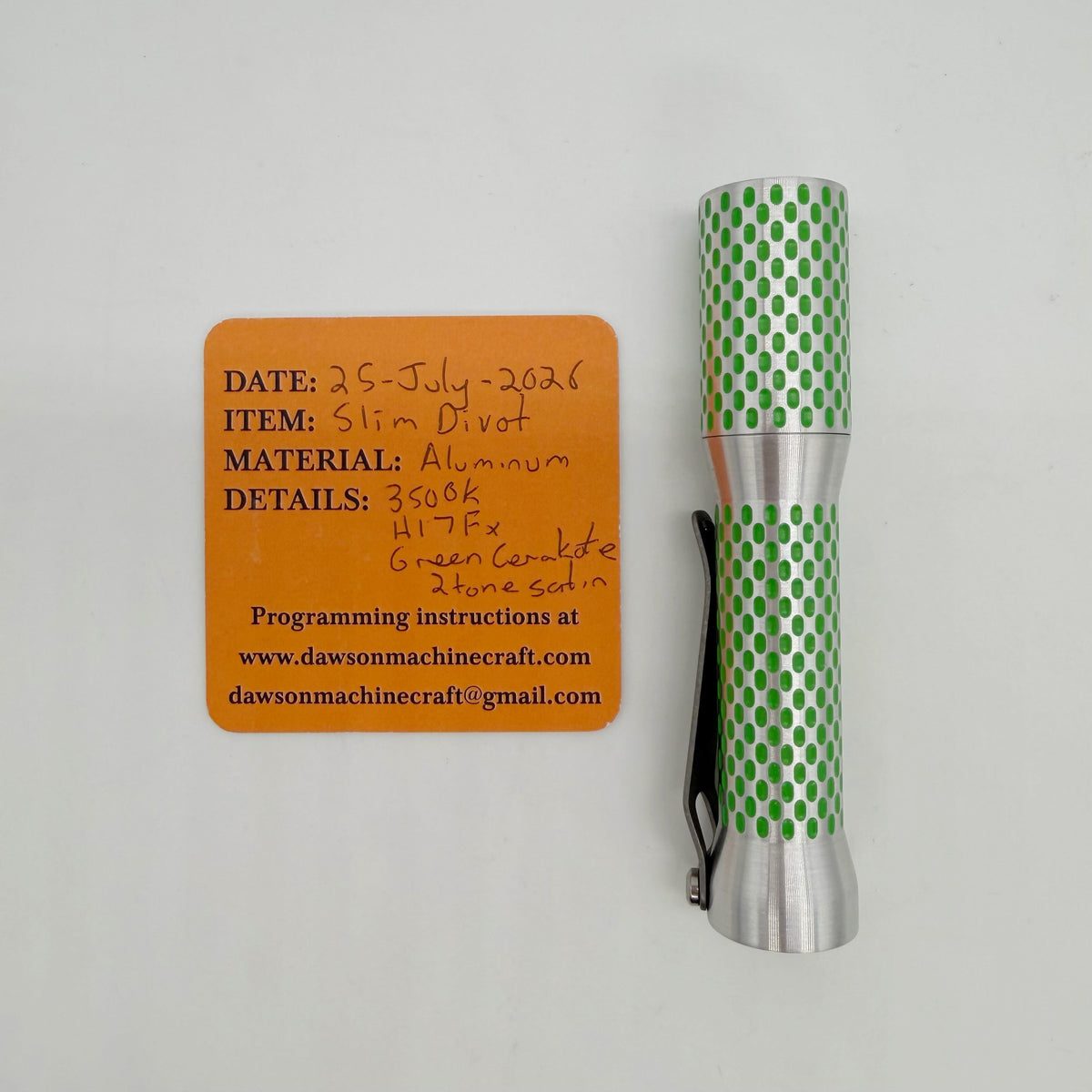 Dawson Machine Craft Slim Divot Flashlight – Two Tone Satin Aluminum / Green Cerakote, Nichia 519a 3500K LED, H17Fx Driver, 14500 Battery