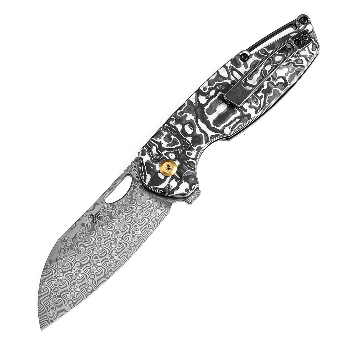 Kansept Knives Model 6 Left-handed 3.1" Damascus Black White Carbon Fiber K1022L1