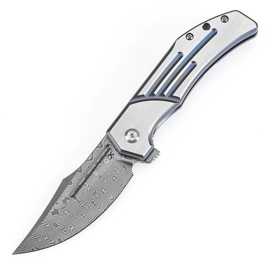 Kansept Orion 3.7" Damascus Blue Anodized and Machine Satin Titanium Blue Plain K1089B2