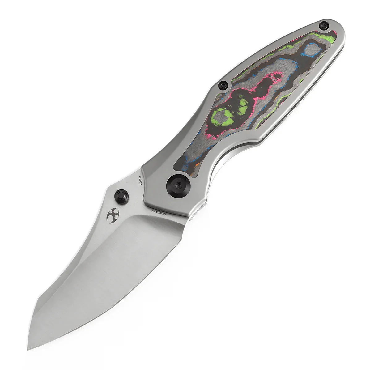 Kansept Baba Yaga 3.06" CPM 20CV Bead Blasted Titanium + 80S Camo Carbon Inlay Yellow, Blue K1074A4