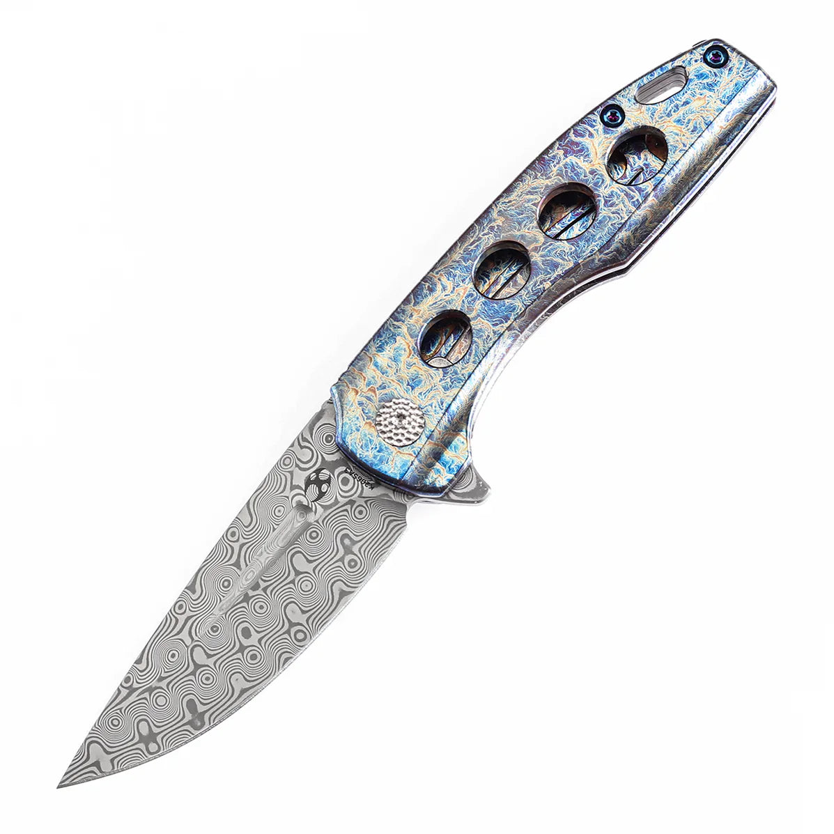 Kansept Cassowary 2.9" Damascus Titanium with Lightning Strike Finish Grey Blue K2065A3