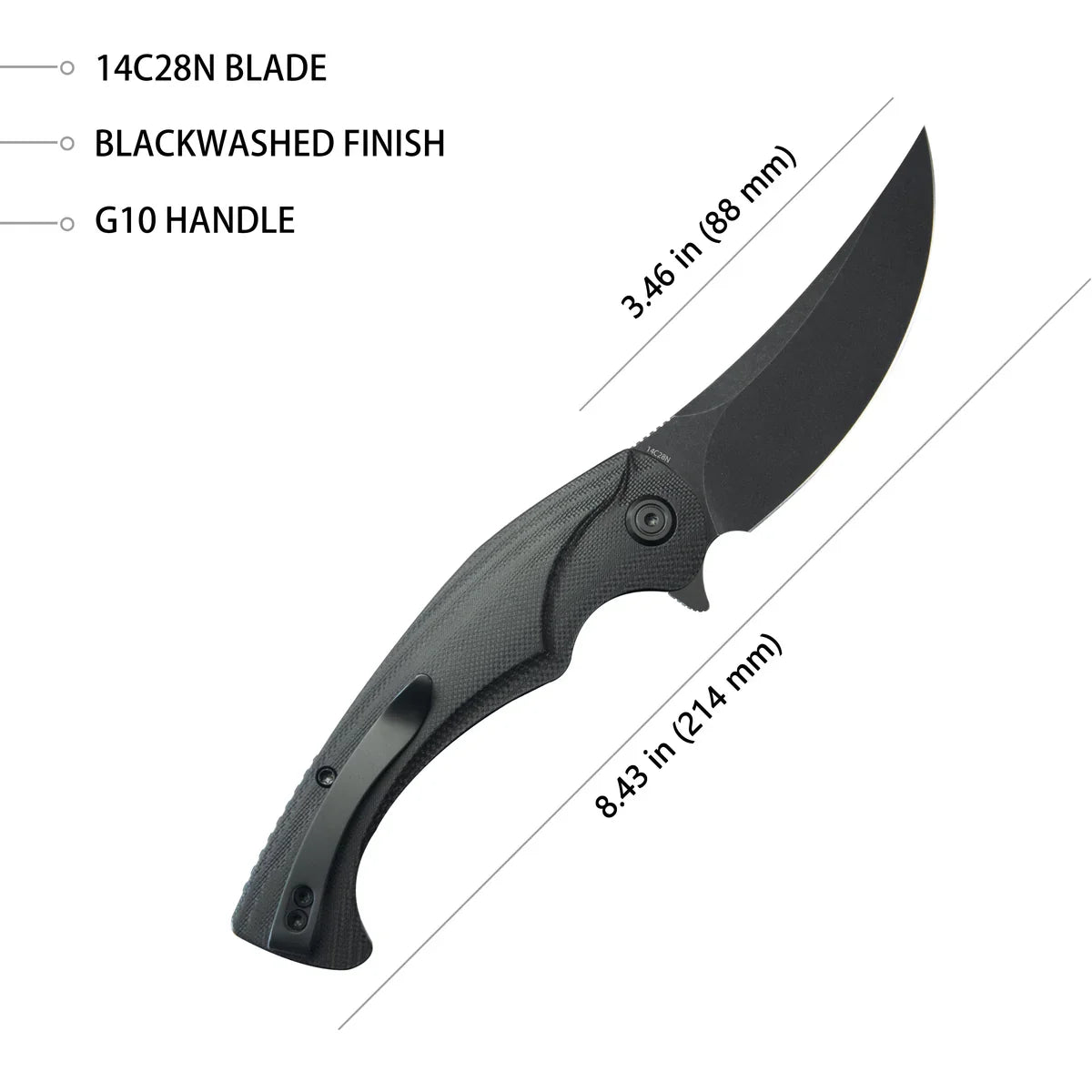 Kubey Scimitar 3.46" 14C28N Black G10 KUB173L