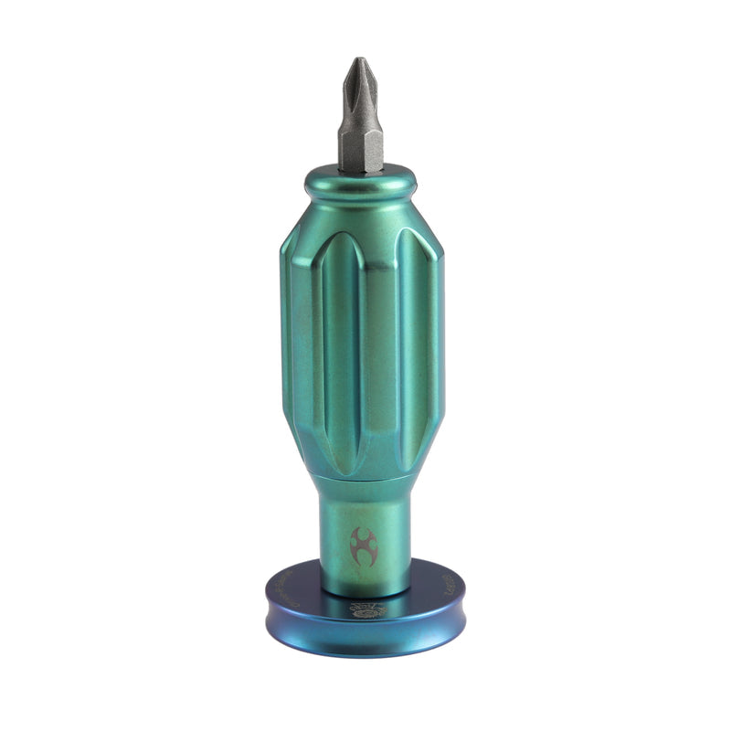Kansept Drive-R-Saurus G018P2 titanium EDC bit driver with green anodized finish and blue spinner top