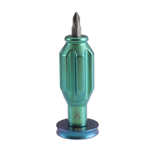 Kansept Drive-R-Saurus G018P2 titanium EDC bit driver with green anodized finish and blue spinner top