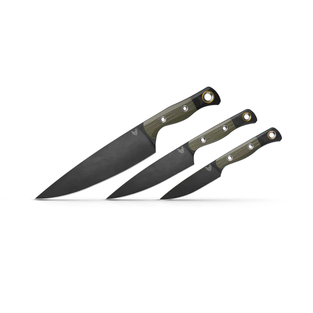 Benchmade 4000BK-01 three piece kitchen knife set with 8 inch chef, utility and paring knives in black DLC CPM-154 with OD Green G10 handles