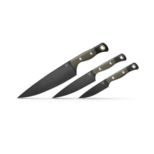 Benchmade 4000BK-01 three piece kitchen knife set with 8 inch chef, utility and paring knives in black DLC CPM-154 with OD Green G10 handles