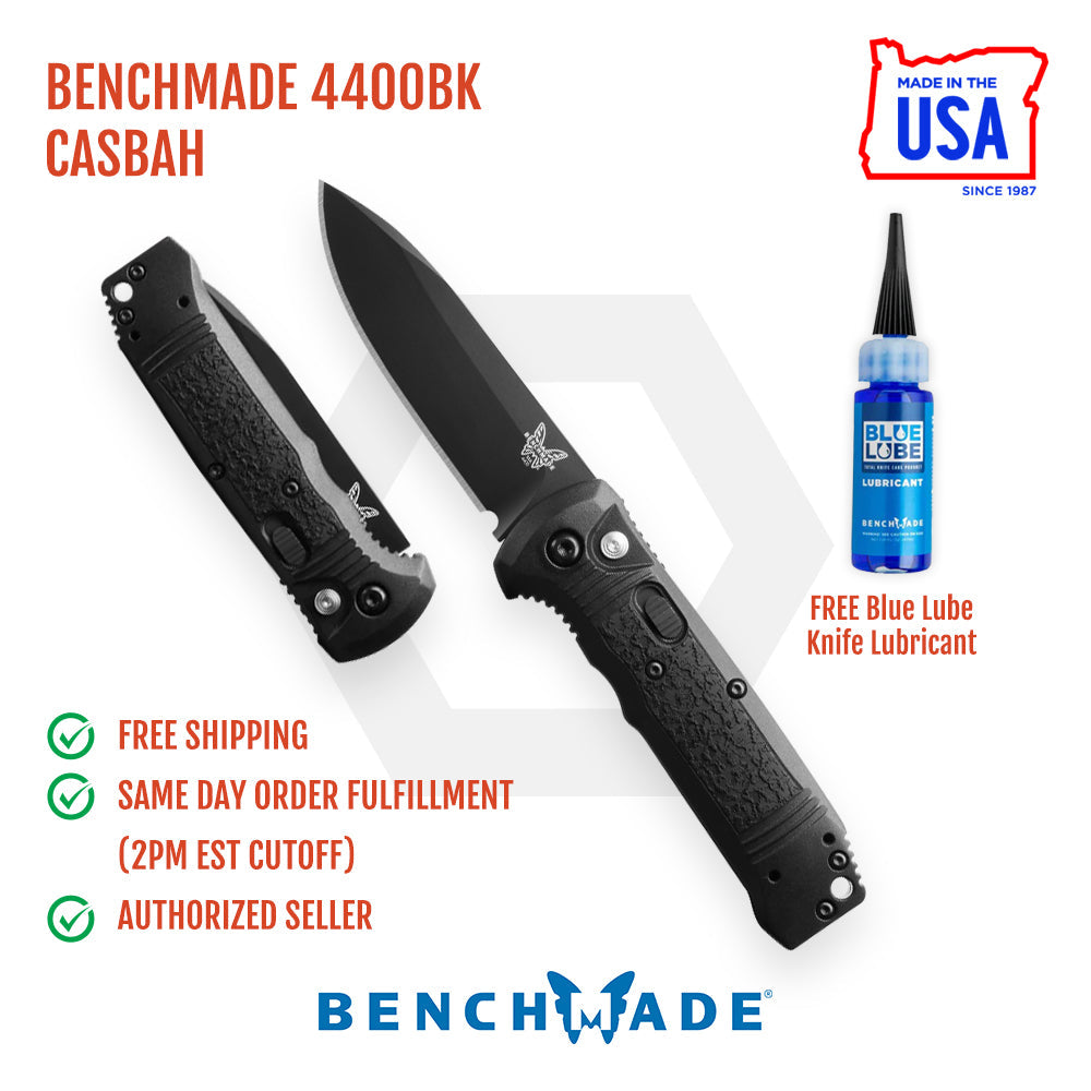 Benchmade 4400BK Casbah front view – 3.40" black CPM-S30V drop point push-button automatic knife, black Grivory handle