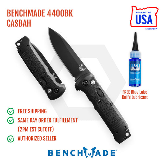 Benchmade 4400BK Casbah front view – 3.40" black CPM-S30V drop point push-button automatic knife, black Grivory handle