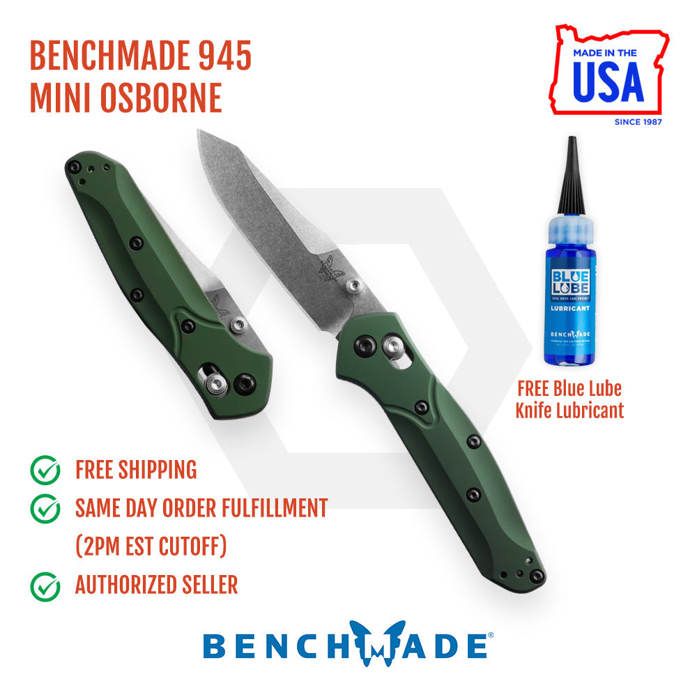 Benchmade Mini Osborne 945 front view, 2.92 inch satin CPM-S30V reverse tanto green aluminum folding knife