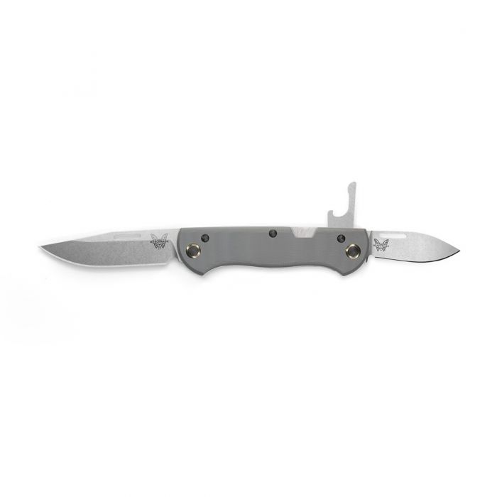 Benchmade 317 Weekender front view – 2.97" satin CPM-S30V clip point slip-joint folding knife, gray G10 handle