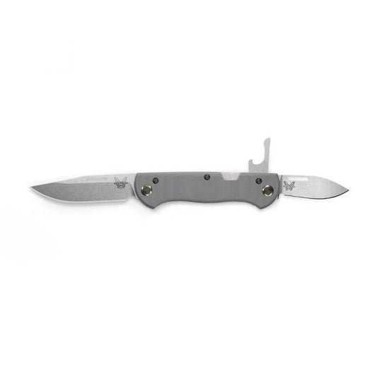 Benchmade 317 Weekender front view – 2.97" satin CPM-S30V clip point slip-joint folding knife, gray G10 handle