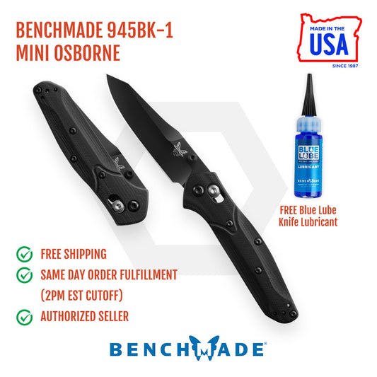 Benchmade Mini Osborne 945BK-1 front view, 2.92 inch black CPM-S30V reverse tanto black G10 folding knife