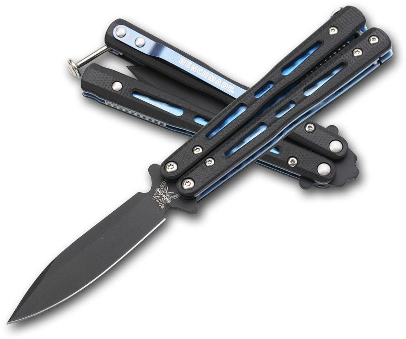 Benchmade Mini Morpho 32BK front view – 3.25″ black D2 modified spear point balisong butterfly knife, black G10